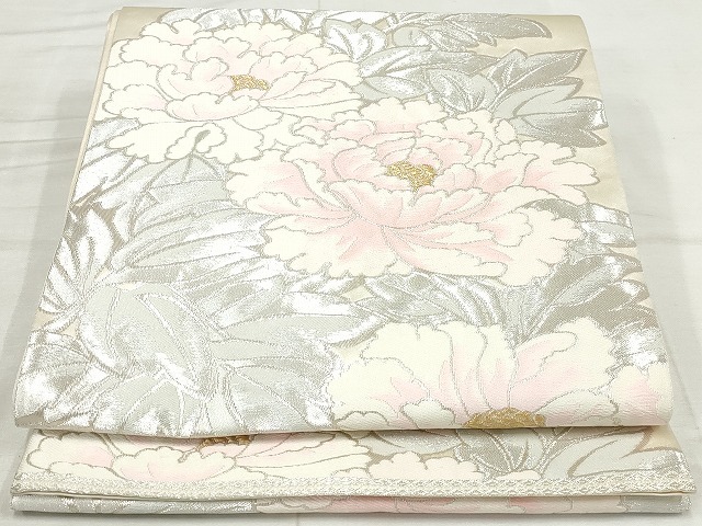 ご確認用✨服部織物✨白鳥緞子✨六通袋帯 平和屋着物◎西陣 服部織物謹製 六通柄袋帯 白鳥緞子 大牡丹