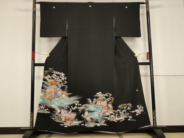 平和屋着物■豪華黒留袖　作家物　風景花松文　暈し染め　金彩　正絹　逸品　AAAM1497Agk