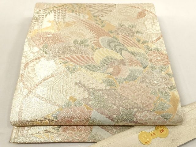 平和屋着物◎西陣　つちもと謹製　六通柄袋帯　花鳥絵巻文　銀糸　正絹　逸品　AAAM1757Aaz