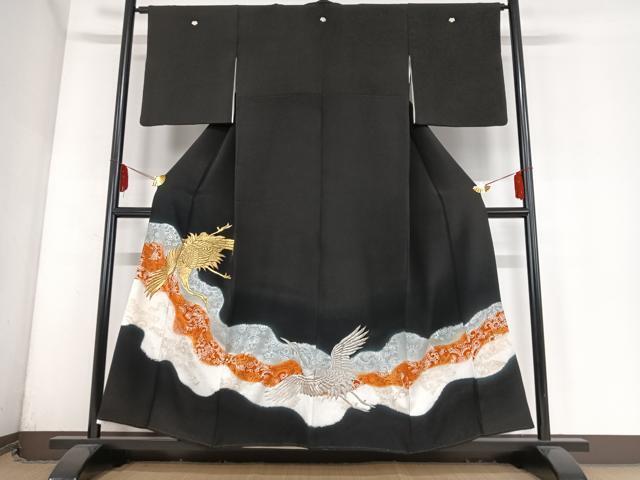 平和屋着物■豪華黒留袖　刺繍　飛鶴花文　暈し染め　金銀彩　正絹　逸品　AAAL0216Bzg