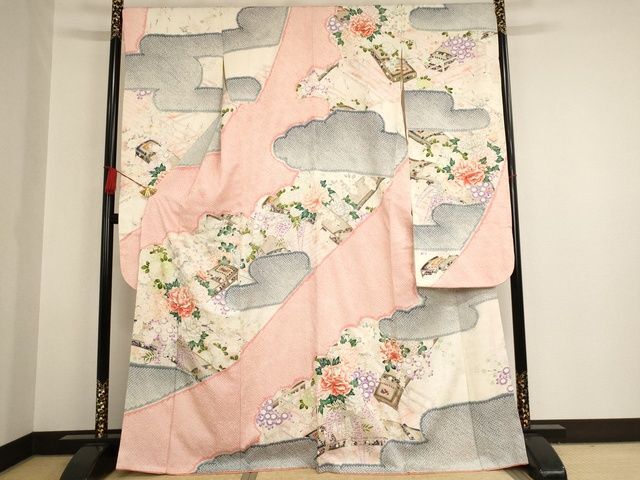 平和屋着物■豪華振袖　絞り　雲取り花文　琴　金彩　ロング丈　正絹　逸品　AAAL7341Aja