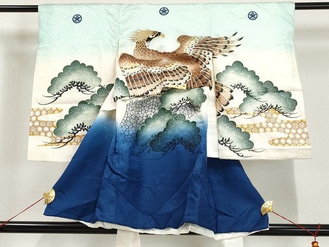 平和屋着物■七五三　男の子　祝着　刺繍　風景飛鳥松文　鷹　金糸　金彩　逸品　AAAL2254Aog