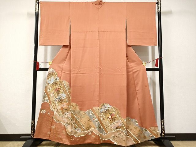 平和屋着物■十日町友禅作家　龍谷　色留袖　舞扇花文　金彩　正絹　逸品　AAAL0346Ata