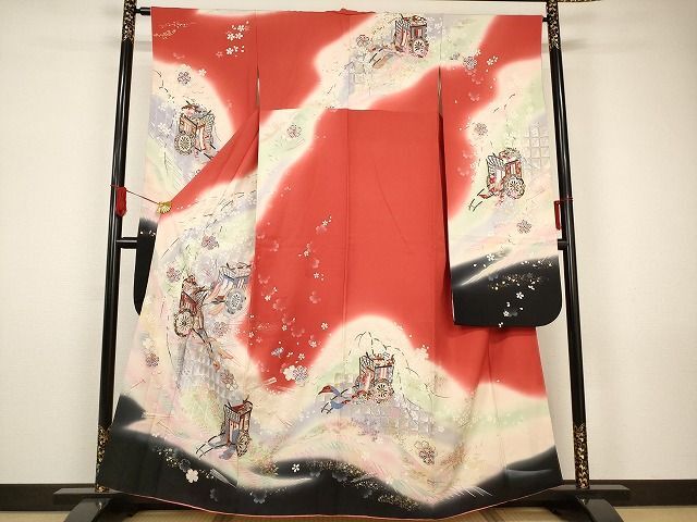 平和屋着物■豪華振袖　霞御所車舞桜文　暈し染め　金銀彩　正絹　逸品　AAAJ9259Abr