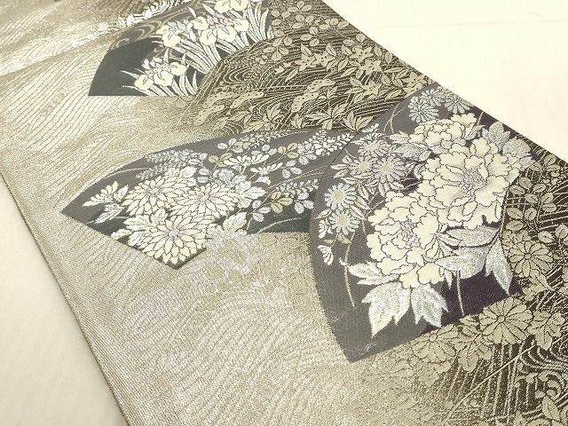 平和屋着物◎両面六通柄袋帯 地紙重ね草花文 銀糸 正絹 逸品