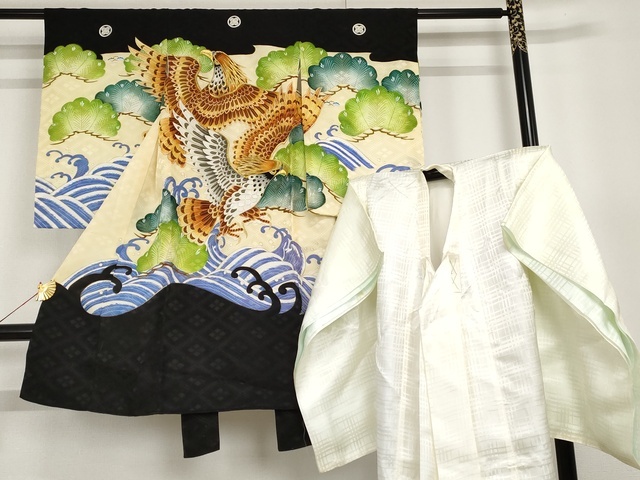 平和屋着物■七五三　男の子　５歳　祝着　襦袢セット　立波飛鳥松文　鷹　金糸　金彩　洗える着物　AAAL2529Aog