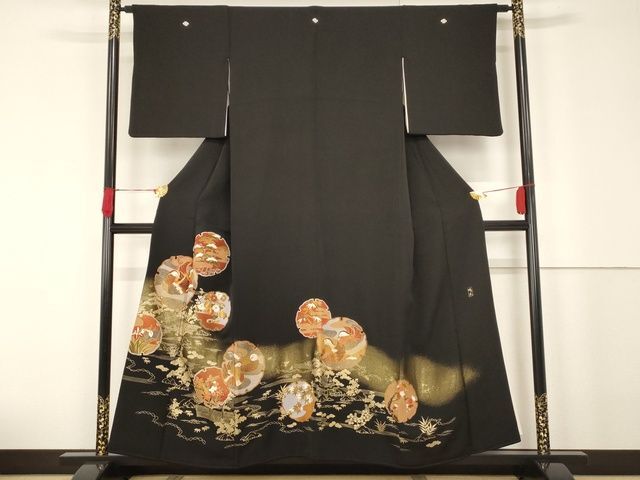 平和屋着物■豪華黒留袖　作家物　駒刺繍　雪輪鴛鴦花文　金彩　正絹　逸品　AAAL4700Agk