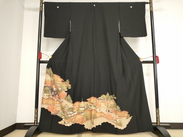 平和屋着物■豪華黒留袖　人物風景文　金彩　正絹　逸品　AAAM1157Abw
