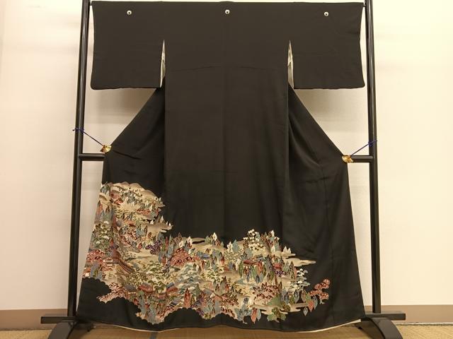 平和屋着物■豪華黒留袖　風景花文　金彩　正絹　逸品　BAAL8234xi