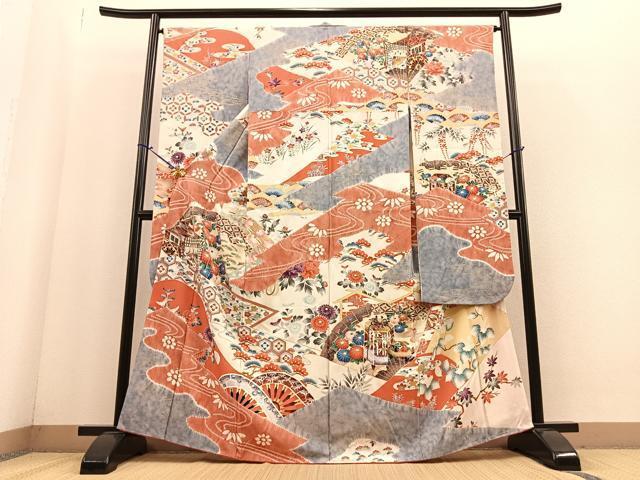 平和屋着物■豪華振袖　檜扇吉祥花鳥文　金彩　正絹　逸品　BAAK8054my