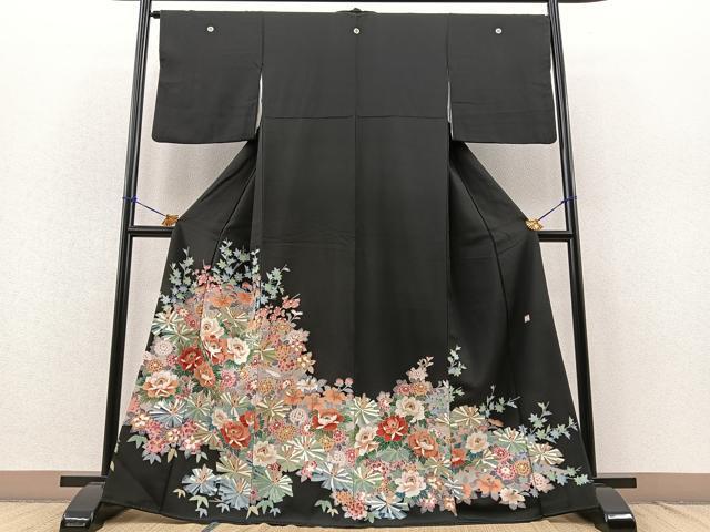 平和屋着物■豪華黒留袖　友禅　作家物　草花文　正絹　逸品　BAAL2584ow