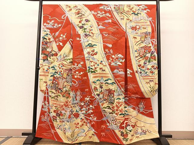 平和屋着物■豪華振袖　駒刺繍　御所車風景花文　金彩　正絹　逸品　BAAL7591sa