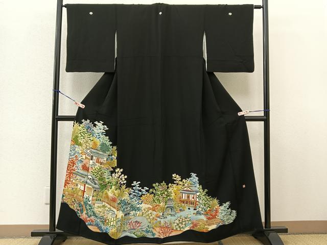 平和屋着物■豪華黒留袖　作家物　風景草花文　金彩　正絹　逸品　BAAL5712me
