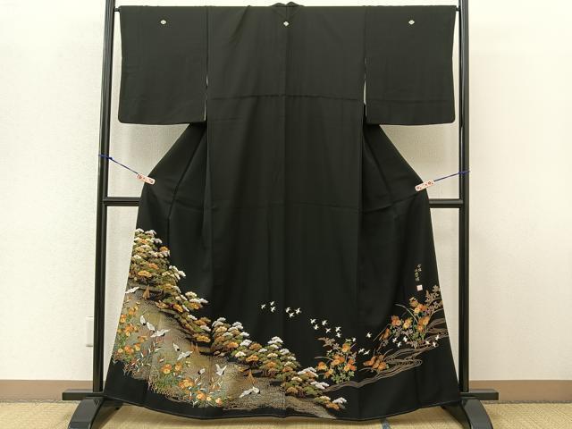 平和屋着物■豪華黒留袖　作家物　駒刺繍　群鶴浜松花文　暈し染め　金彩　正絹　逸品　BAAL8553me