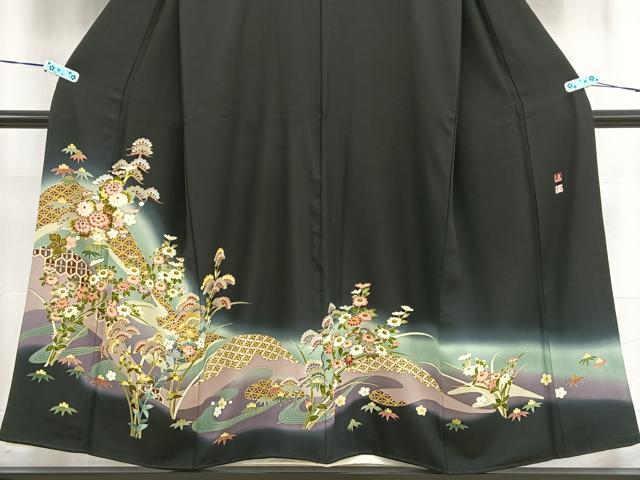 平和屋着物■豪華黒留袖　流水籬草花文　暈し染め　正絹　逸品　BAAL6399me