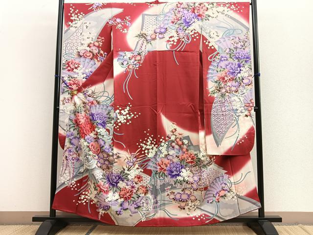 平和屋着物■豪華振袖　駒刺繍　檜扇花文　暈し染め　銀彩　正絹　逸品　BAAL9031kj