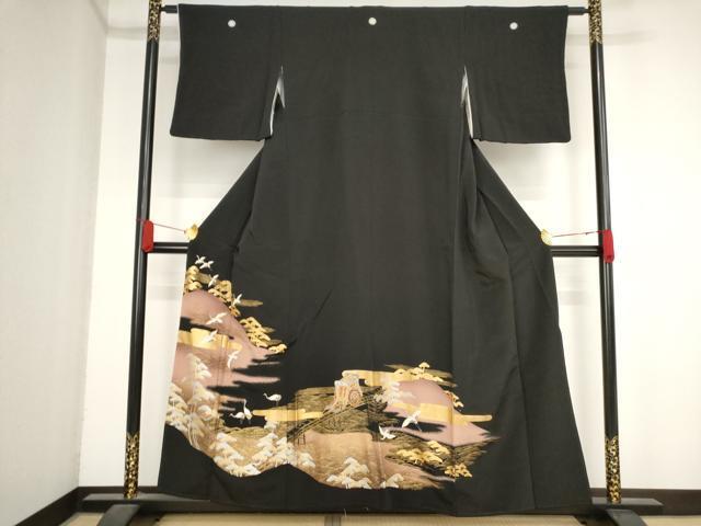 平和屋着物■豪華黒留袖　駒刺繡　遠山御所車飛鶴松橋文　金銀彩　まるやま扱い　正絹　逸品　AAAL7378bw