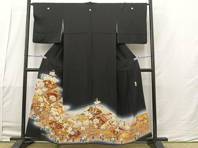 平和屋着物■豪華黒留袖　作家物　駒刺繍　扇面琳派花文　暈し染め　金彩　正絹　逸品　BAAL0093bs