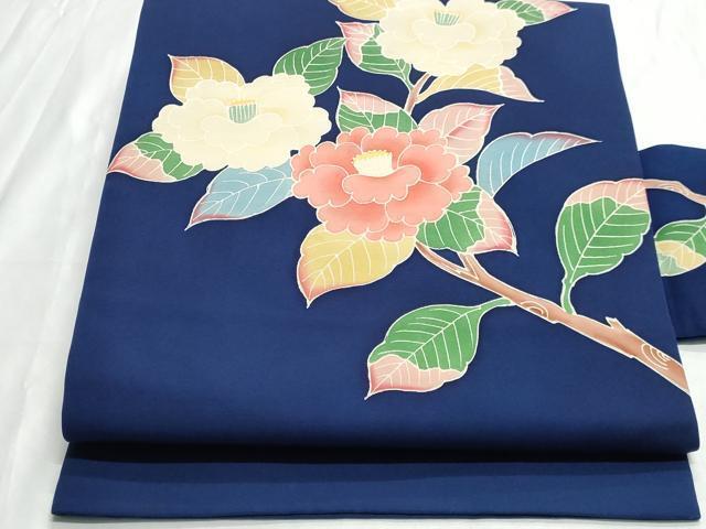 平和屋着物◎塩瀬　九寸名古屋帯　友禅　枝花文　椿　正絹　逸品　AAAM5609cx