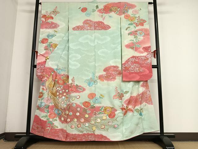 平和屋着物■豪華振袖　刺繍　孔雀花文　暈し染め　金銀彩　正絹　逸品　AAAM6026zg