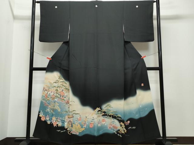 平和屋着物■豪華黒留袖　作家物　寿光織　人物風景文　銀糸　正絹　逸品　CAAJ5683vf