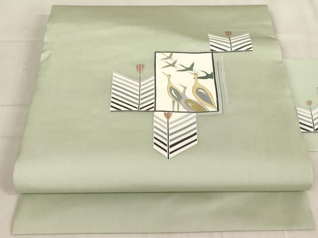 平和屋着物◎塩瀬　九寸名古屋帯　手描き　矢羽根群鶴文　金彩　正絹　逸品　AAAL7943ex