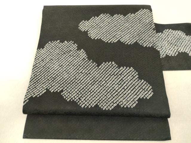 平和屋着物◎九寸名古屋帯　絞り　雲取り鹿の子文様　黒地　正絹　逸品　AAAM5047fw