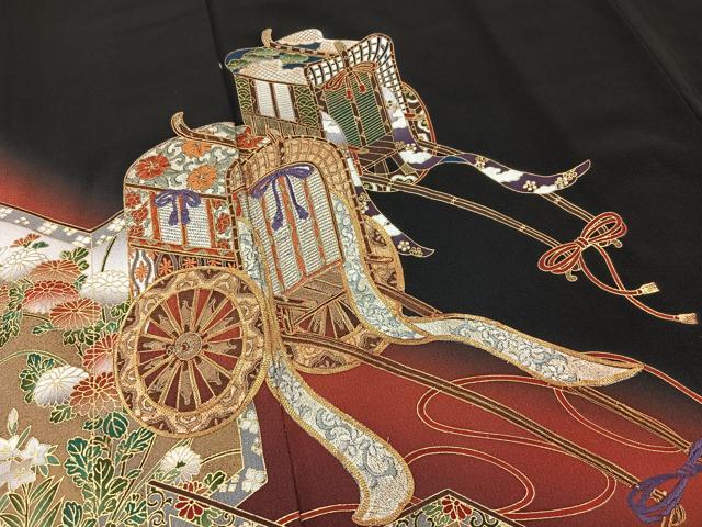平和屋着物■豪華黒留袖　駒刺繍　御所車屏風飛鶴花文　金彩　逸品　BAAK4912op