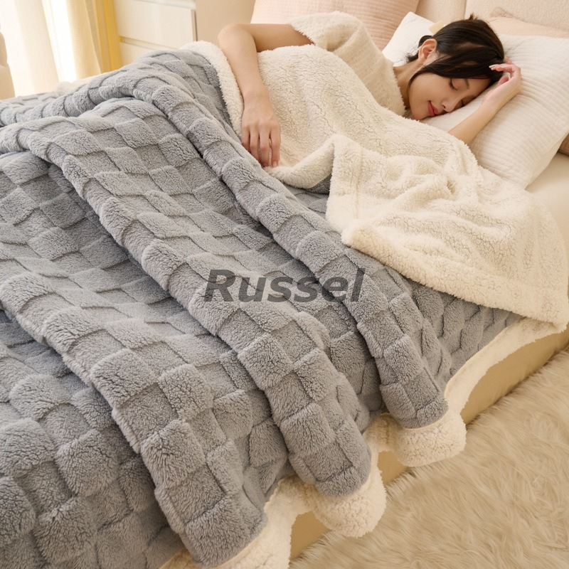 毛布 ブロックチェック 150cm×200cm もこもこ毛布 ブランケット ダブルサイズ セミダブル ピンク グリーン グレー ブルー ベージュ
