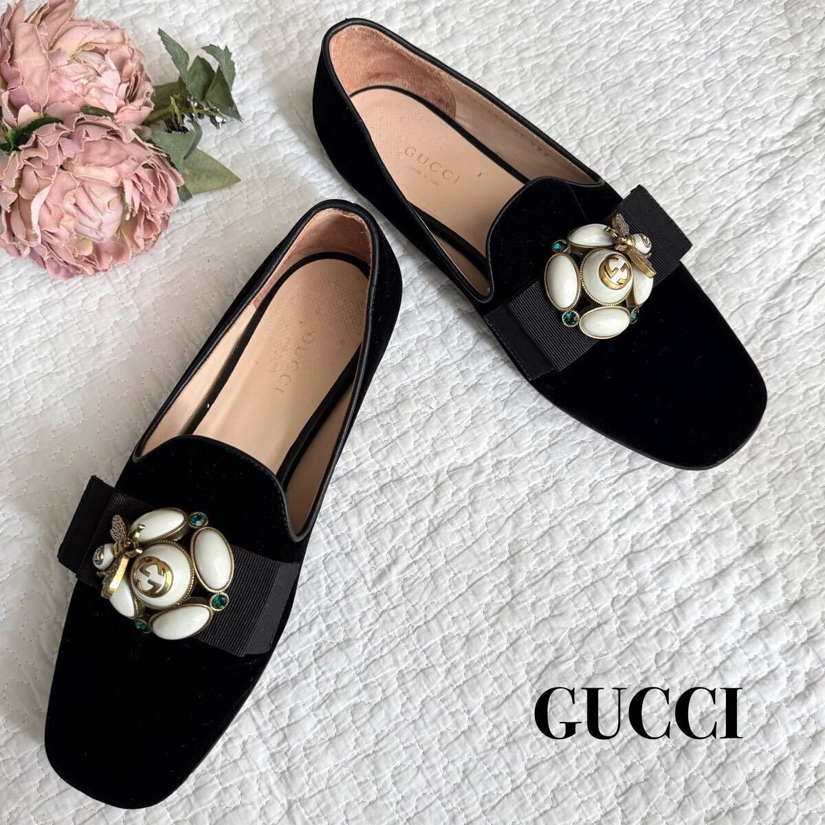 GUCCI ビジューリボンパンプスフラットゴールドグッチ|フラット GUCCI ビジューリボンパンプスフラットゴールドグッチ|フラット