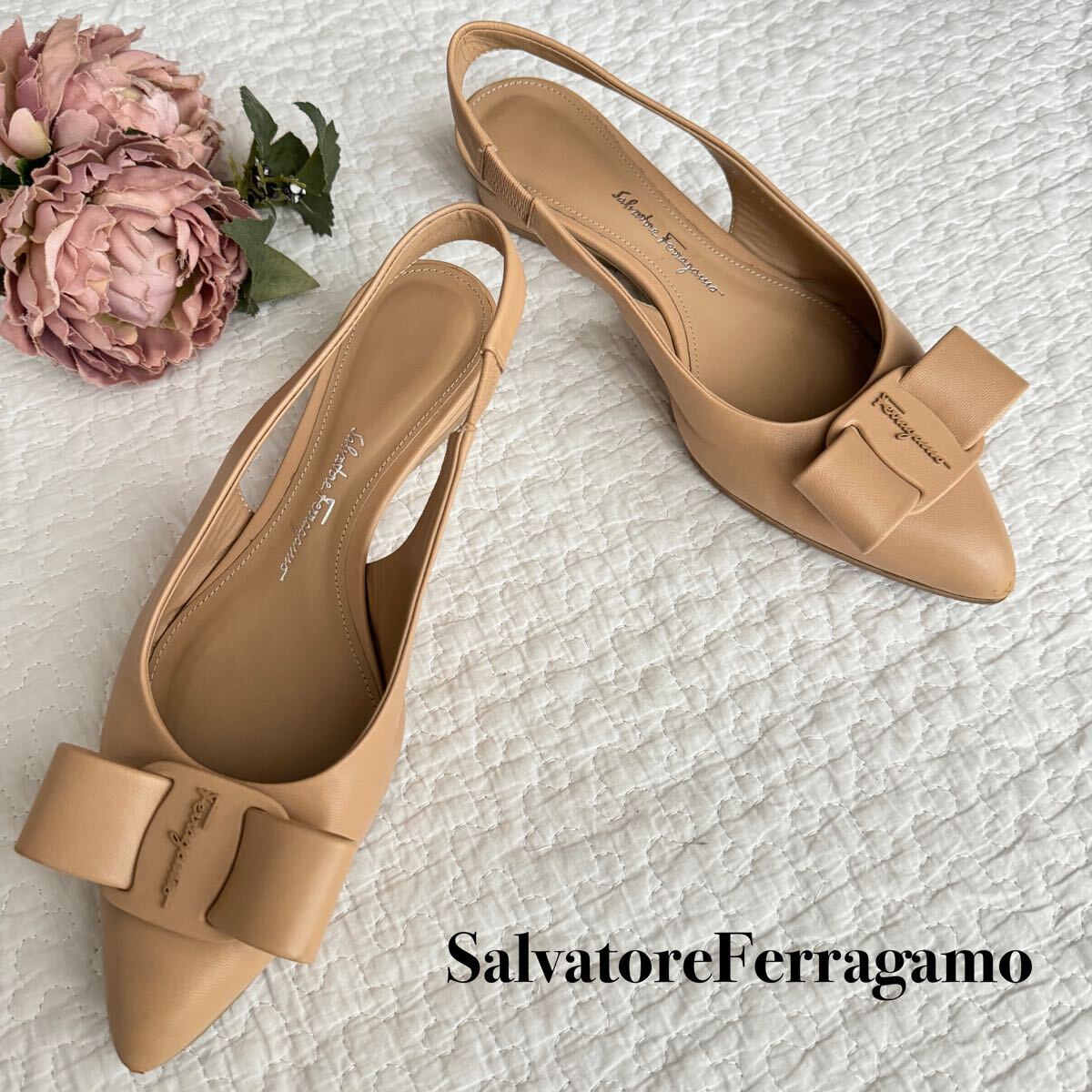 美品 フェラガモ Ferragamo VIVA スリングバックパンプス 4 1/2D 美品 フェラガモ Ferragamo VIVA スリングバックパンプス 4 1/2D