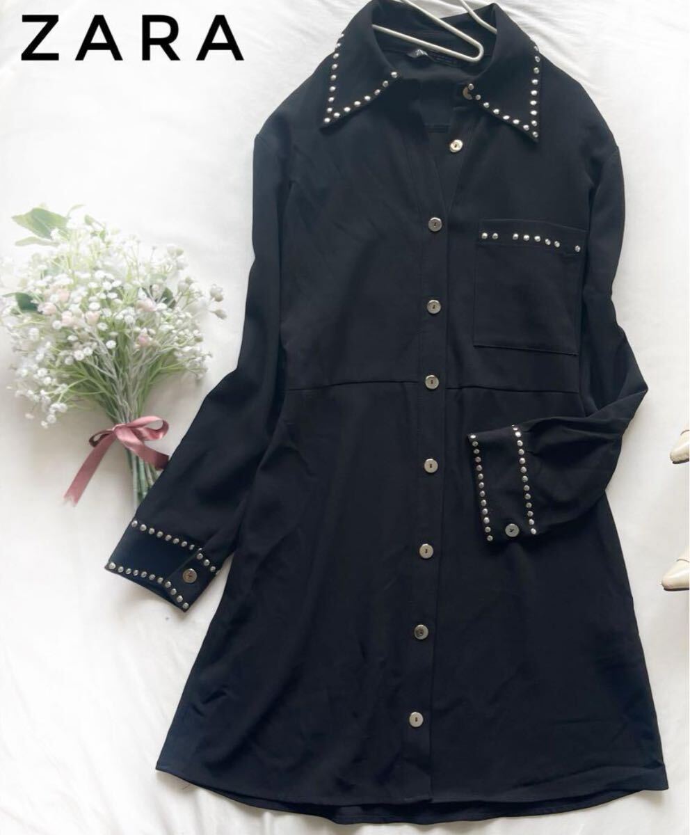 ZARA スタッズ シャツ ミニ ワンピース 襟 長袖 黒 XS ブラック ZARA スタッズ シャツ ミニ ワンピース 襟 長袖 黒 XS ブラック