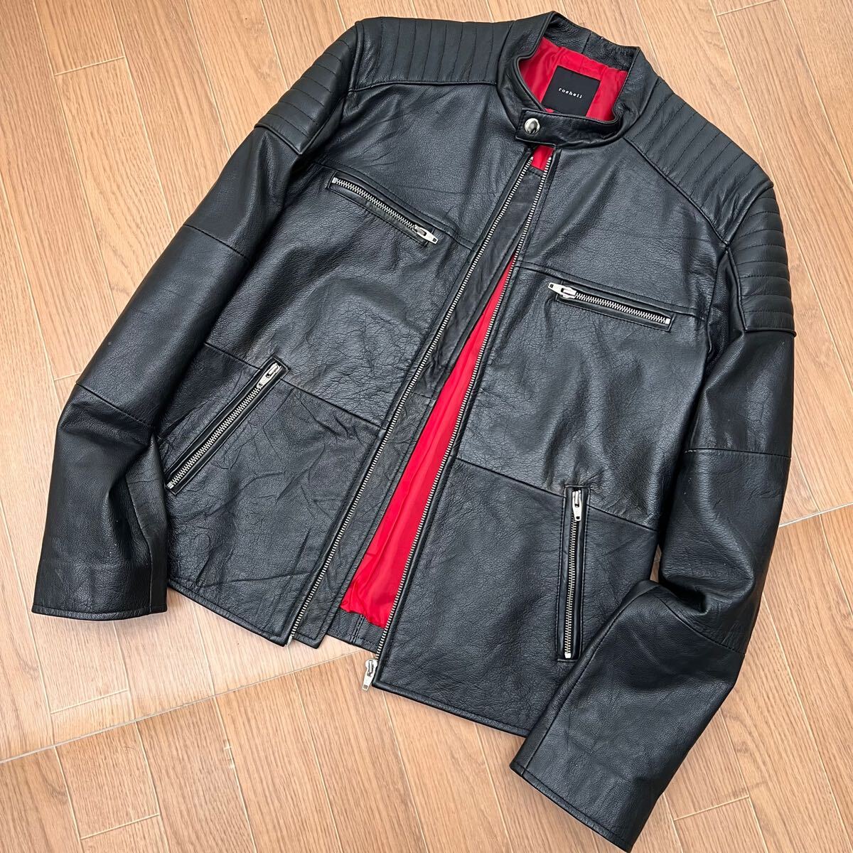 roshell ロシェル 革ジャン シングル バイカー ライダース ロック 本革 リアル レザー ブルゾン ジャケット L ブラック 黒