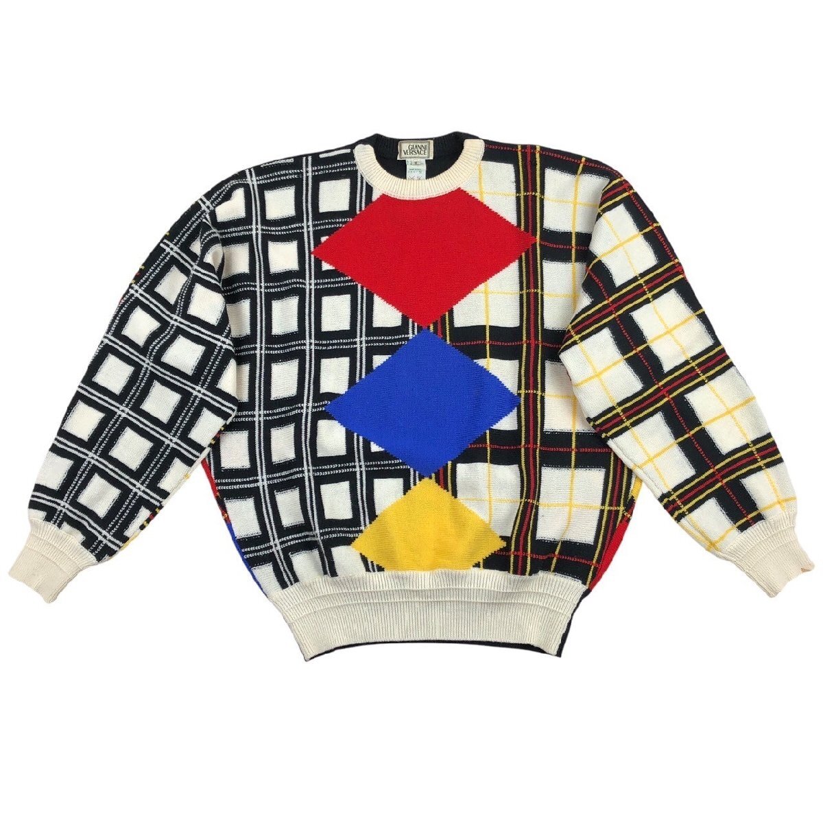 USED GIANNI VERSACE ジャンニ ヴェルサーチ 幾何学模様 総柄 セーター ITALY 46 メンズ ヴィンテージ ブランド 商-OS-921 イタリー製