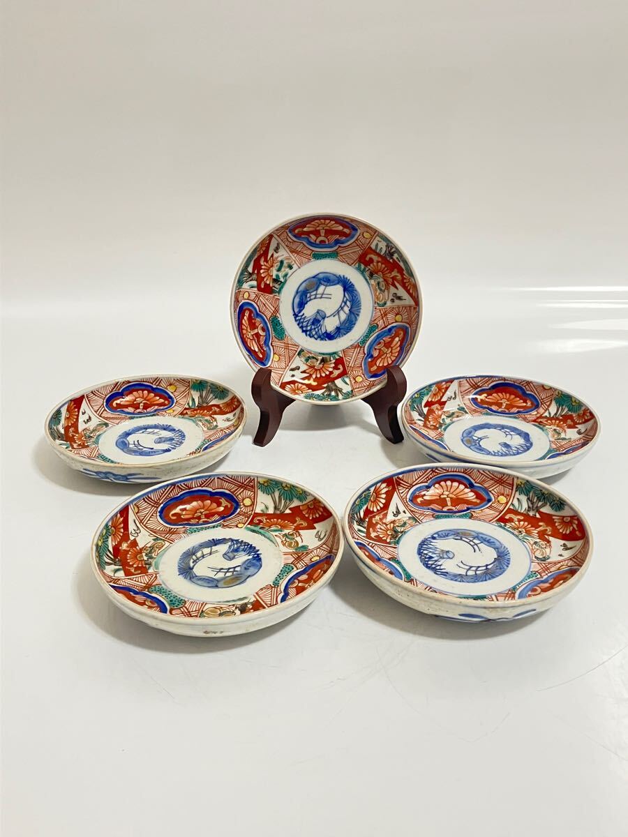 江戸後期　古伊万里色絵松花図丸皿五客