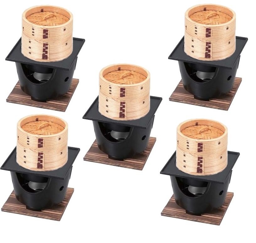 ☆木製中華蒸しセイロ１０ｃｍ５個蒸し用水受け・コンロ・火入れ・敷板各５個新品