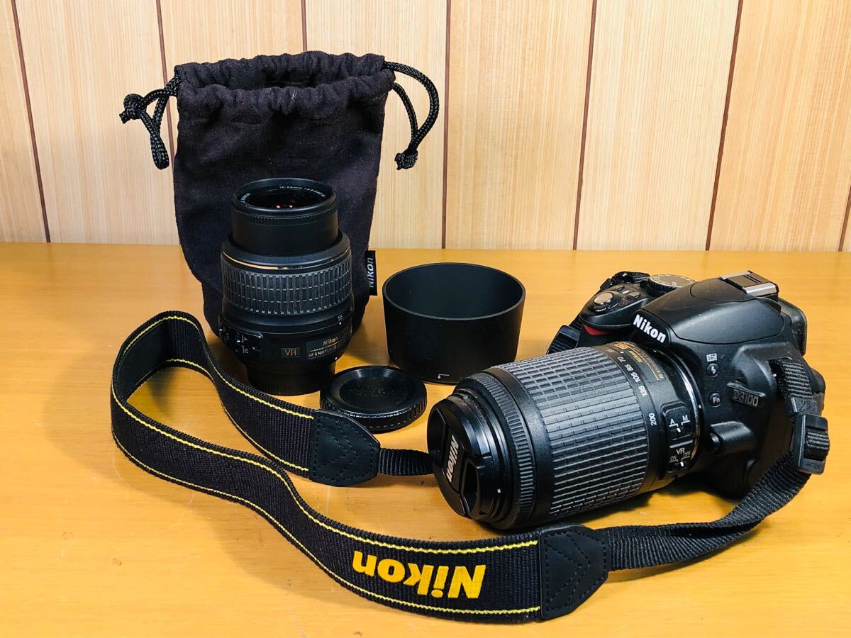 ☆D3100 デジタル一眼レフカメラ ダブルズームキット Nikon DX AF-S NIKKOR 55-200mm1:4-5.6G 18-55mm1:3.5-5.6G 充電器欠品 通電未確認