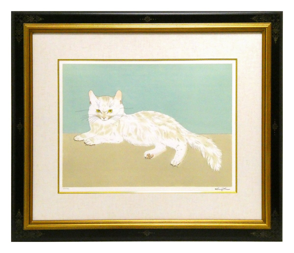 藤田嗣治 レオナールフジタ 猫 ネコ 鈴 リボン 額装 50 × 48 cm