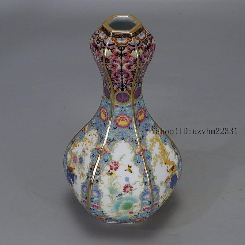 激安通販の 琺瑯彩蒔絵窓花鳥蒜頭瓶 現代工芸品 装飾品 陶磁器 景徳鎮 工芸品