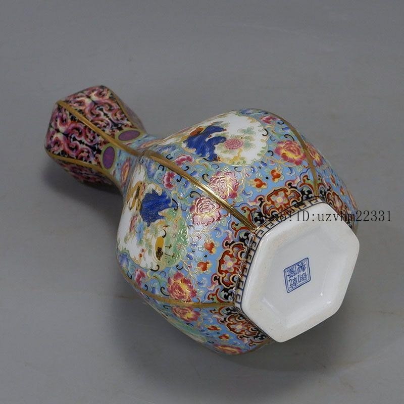 琺瑯彩蒔絵窓花鳥蒜頭瓶 景徳鎮 陶磁器 装飾品 現代工芸品