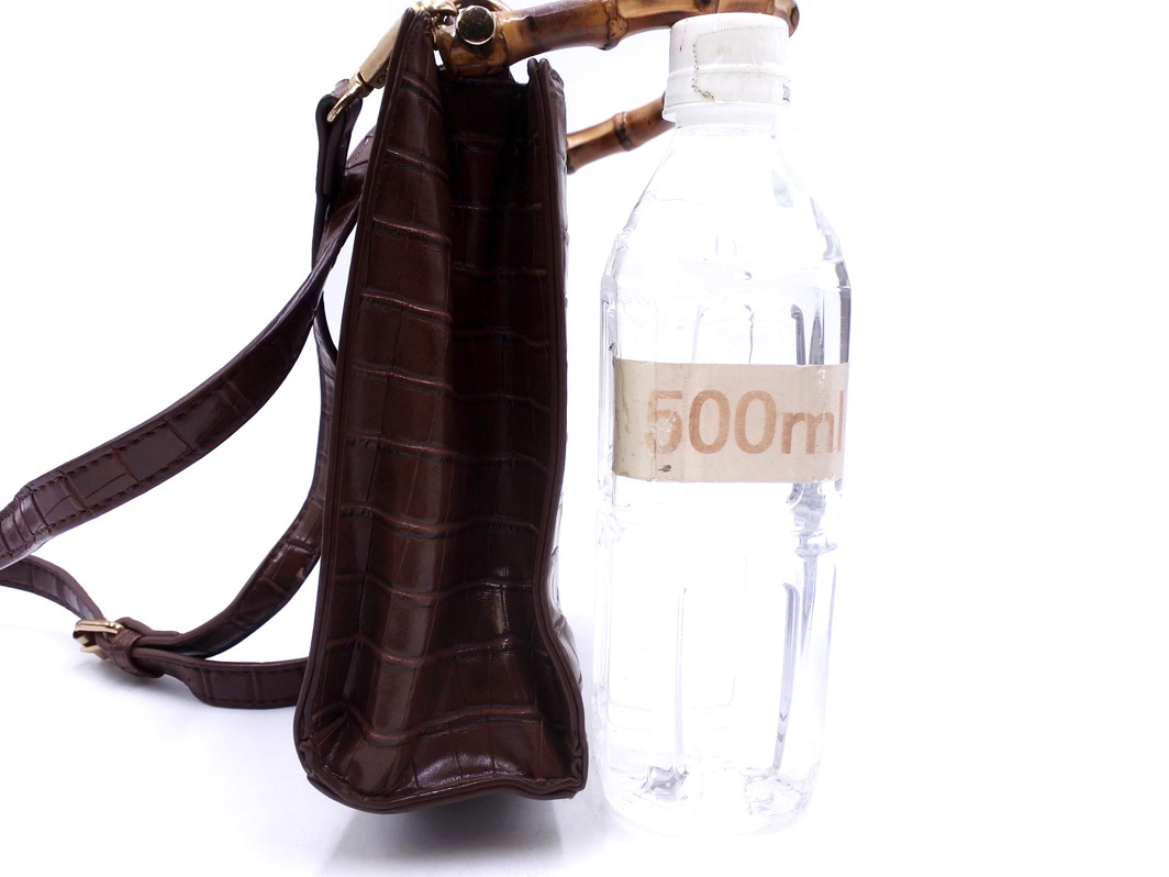 who’s who Chico フーズフーチコ フェイクレザー クロコ型押し バンブーハンドル 2WAY ショルダー バッグ 茶 ■■ ☆ eka7 レディース