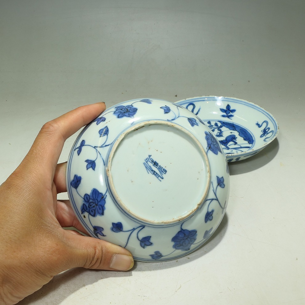 中国清時代 青華 草花図 蓋物 トヒコ 本さ5-0518☆ GMS】古染付 青華 猿鹿図 二客 皿 明末清初 (