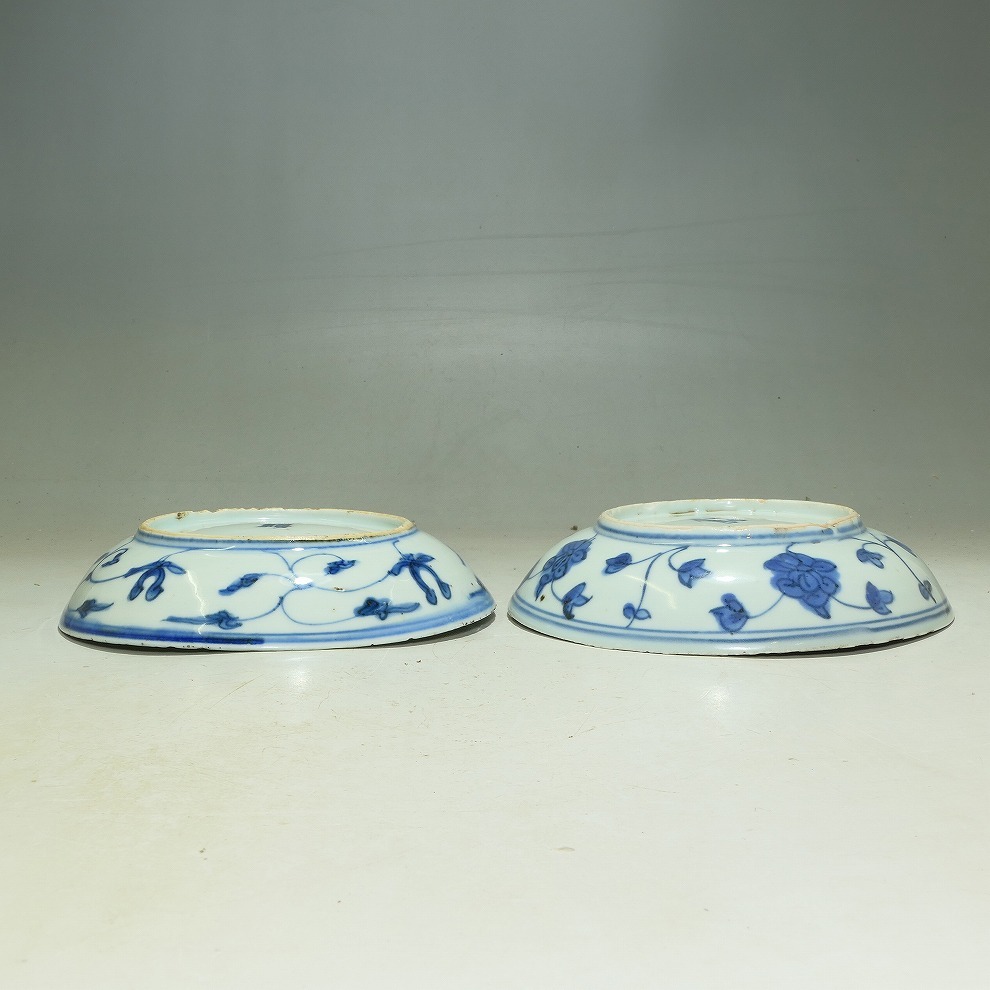 中国清時代 青華 草花図 蓋物 トヒコ 本さ5-0518☆ GMS】古染付 青華 猿鹿図 二客 皿 明末清初 (