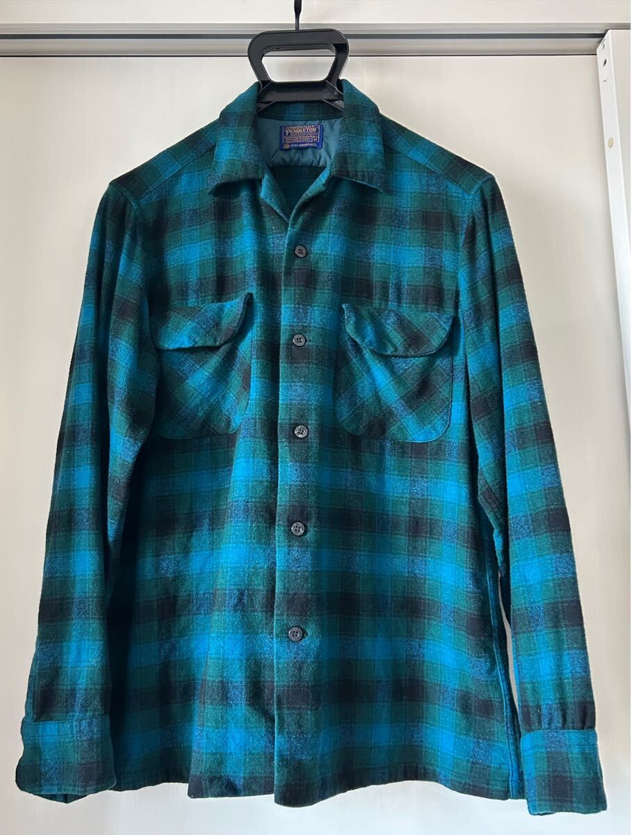 極美品 60s ペンドルトン ボードシャツ オンブレ シャドー ブルー グリーン ブラック M PENDLETON ウール ネルシャツ ヴィンテージ 