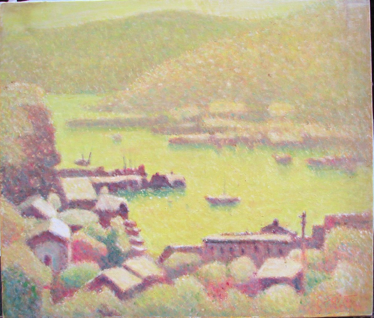 穏やかな色彩,齊藤四郎「港風景」10号油彩,最高傑作,作者の代表絵柄