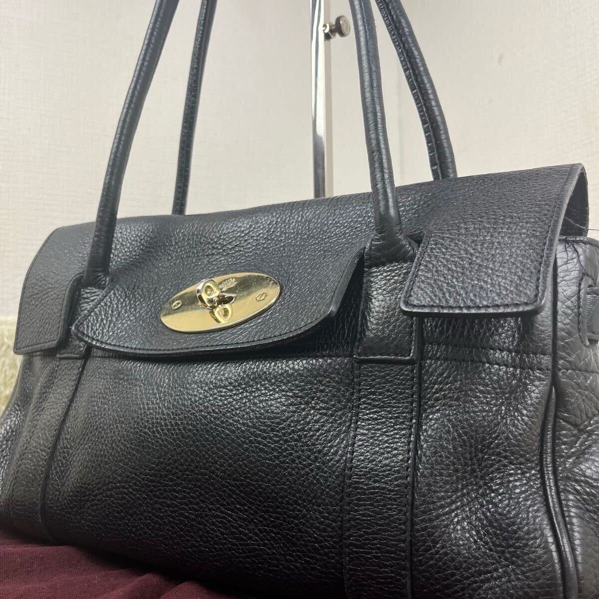 1円 美品 MULBERRY マルベリー ベイズウォーター レザー ハンドバッグ トートバッグ ショルダーバッグ 肩掛け ブラック ロゴ金具