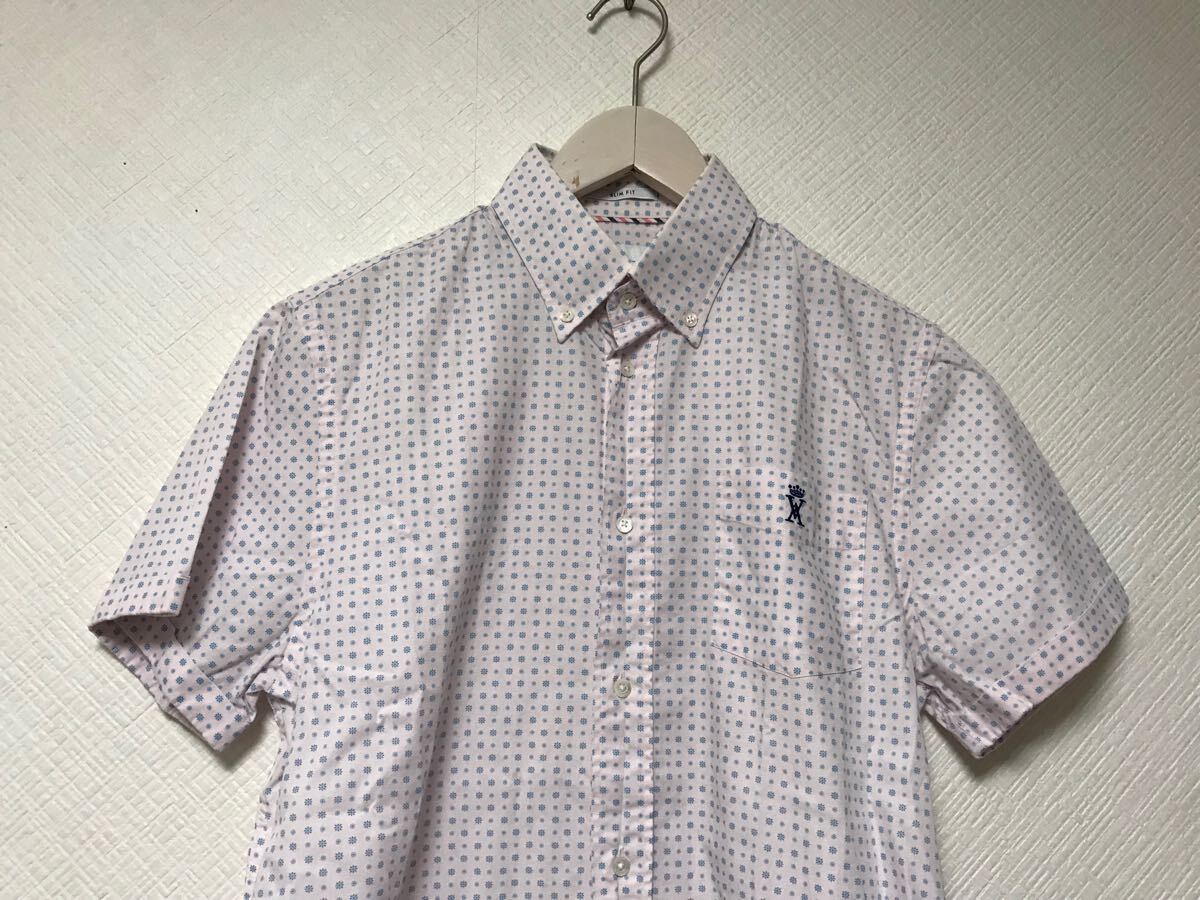 本物ヴィコントアーVICOMTEA.コットン柄ロゴ刺繍半袖シャツメンズサーフアメカジビジネススーツモードゴルフドレス白ホワイトSトルコ製_画像2