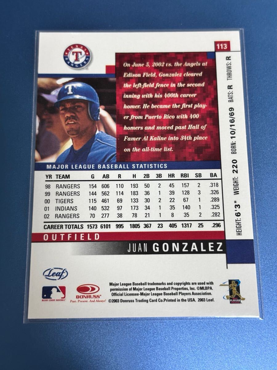 2003Donruss 113 JUAN GONZALEZ テキサス・レンジャース レギュラーカード_画像2