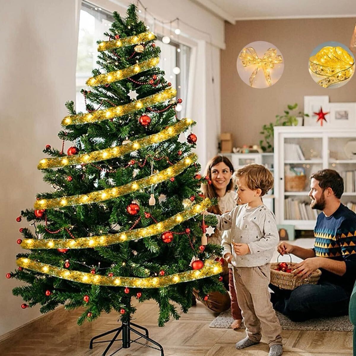 クリスマスリボン LED イルミネーションライト 5m 電池式 リモコン付き 照明 電飾 ライト クリスマス 50個(gè)LED クリスマスツリー 飾り