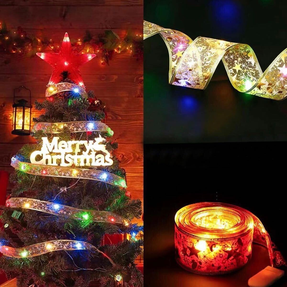 クリスマスリボン LED イルミネーションライト 5m 電池式 リモコン付き 照明 電飾 ライト クリスマス 50個(gè)LED クリスマスツリー 飾り